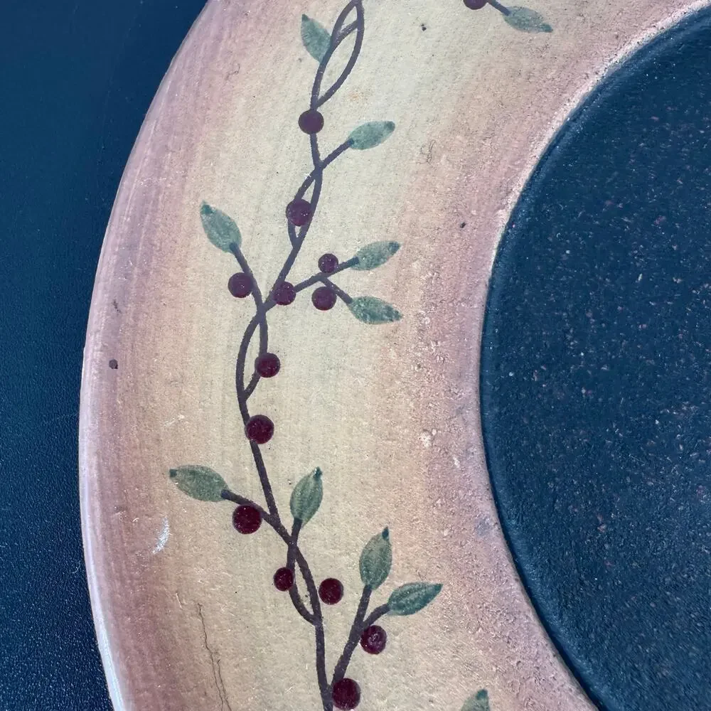 Pip Berry Vine Wood Candle 9" Plate Round Hand Painted Country Primitive Farm - Picture 4 of 9